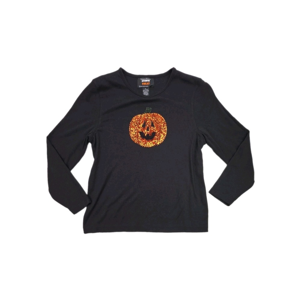 Vtg Y2K Designers Originals Pumpkin Halloween Long Sleeve Shirt Sequin Beads PL